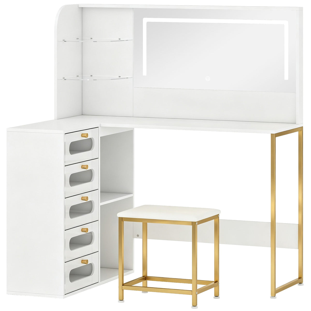 HOMCOM Dressing Table with LED Mirror and Stool in white with gold frame details