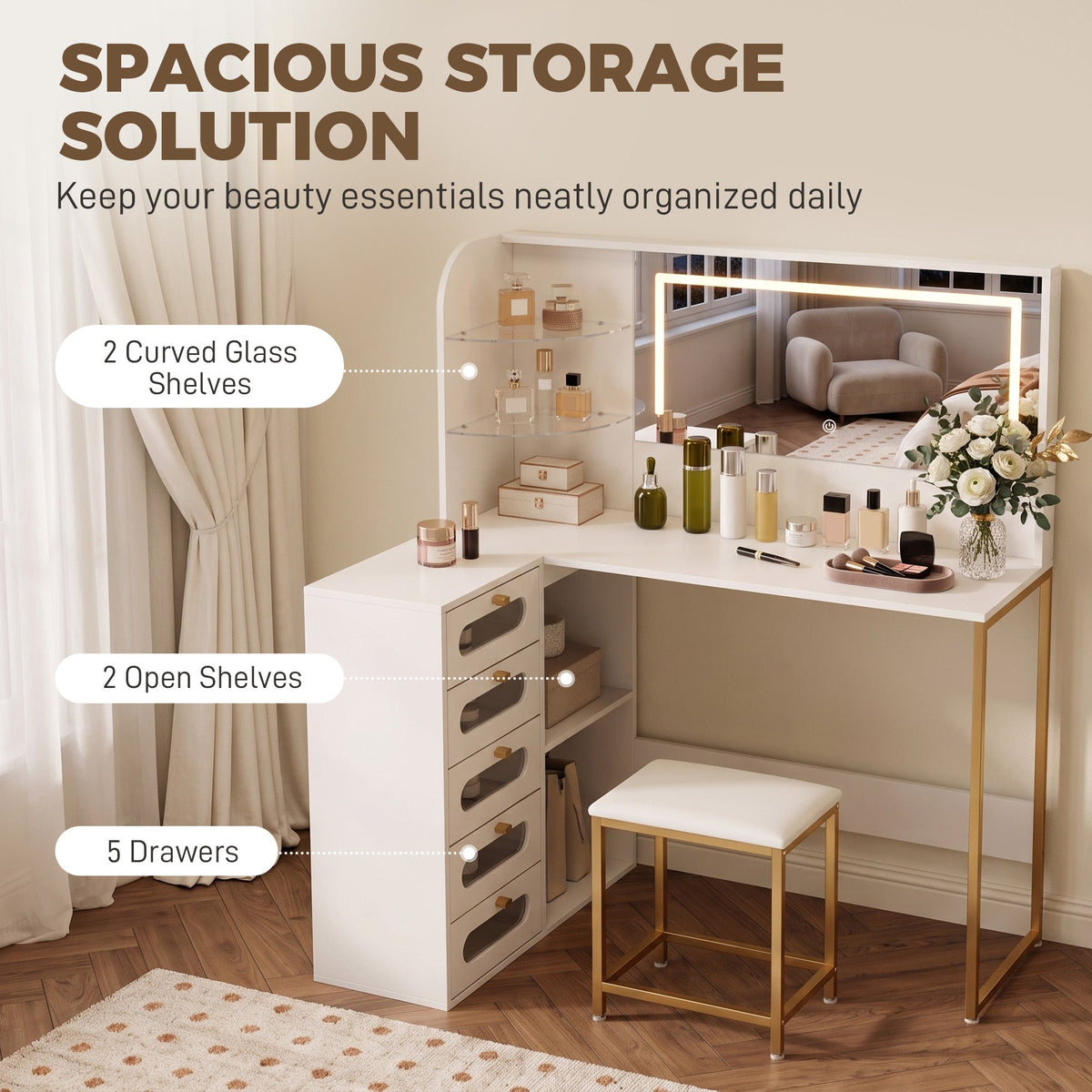 The white vanity desk highlighting the storage drawers and glass shelves
