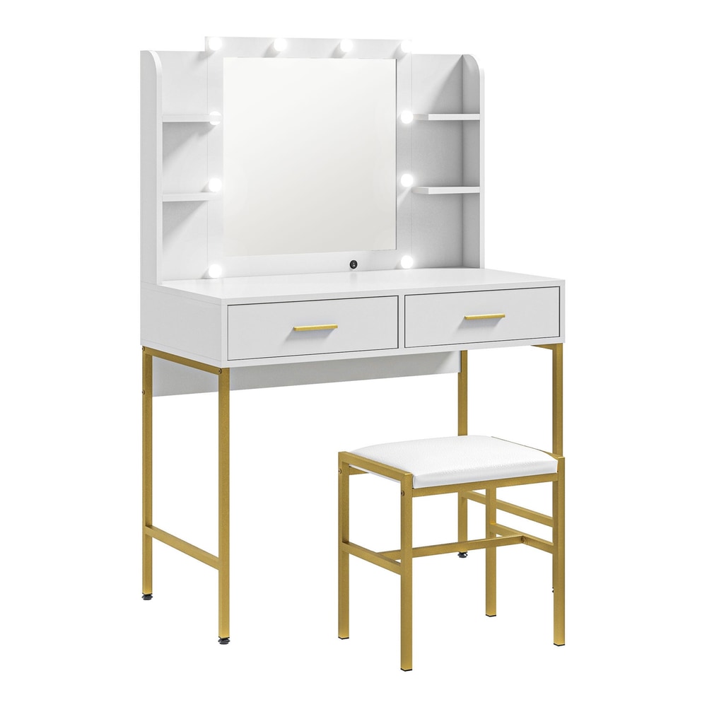 HOMCOM Dressing Table with Lighted Mirror and cushioned stool, white with gold legs
