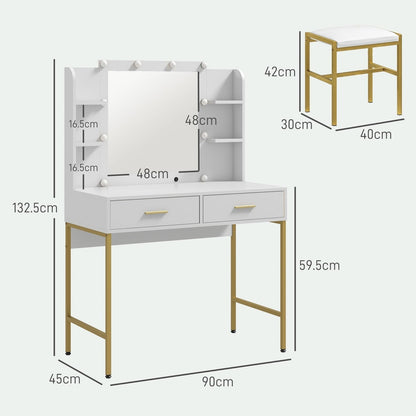 Dimensions of the white dressing table with lighted mirror and stool