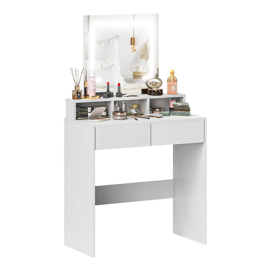 HOMCOM Storage Dressing Table in white with a lit mirror and various cosmetics on the shelves