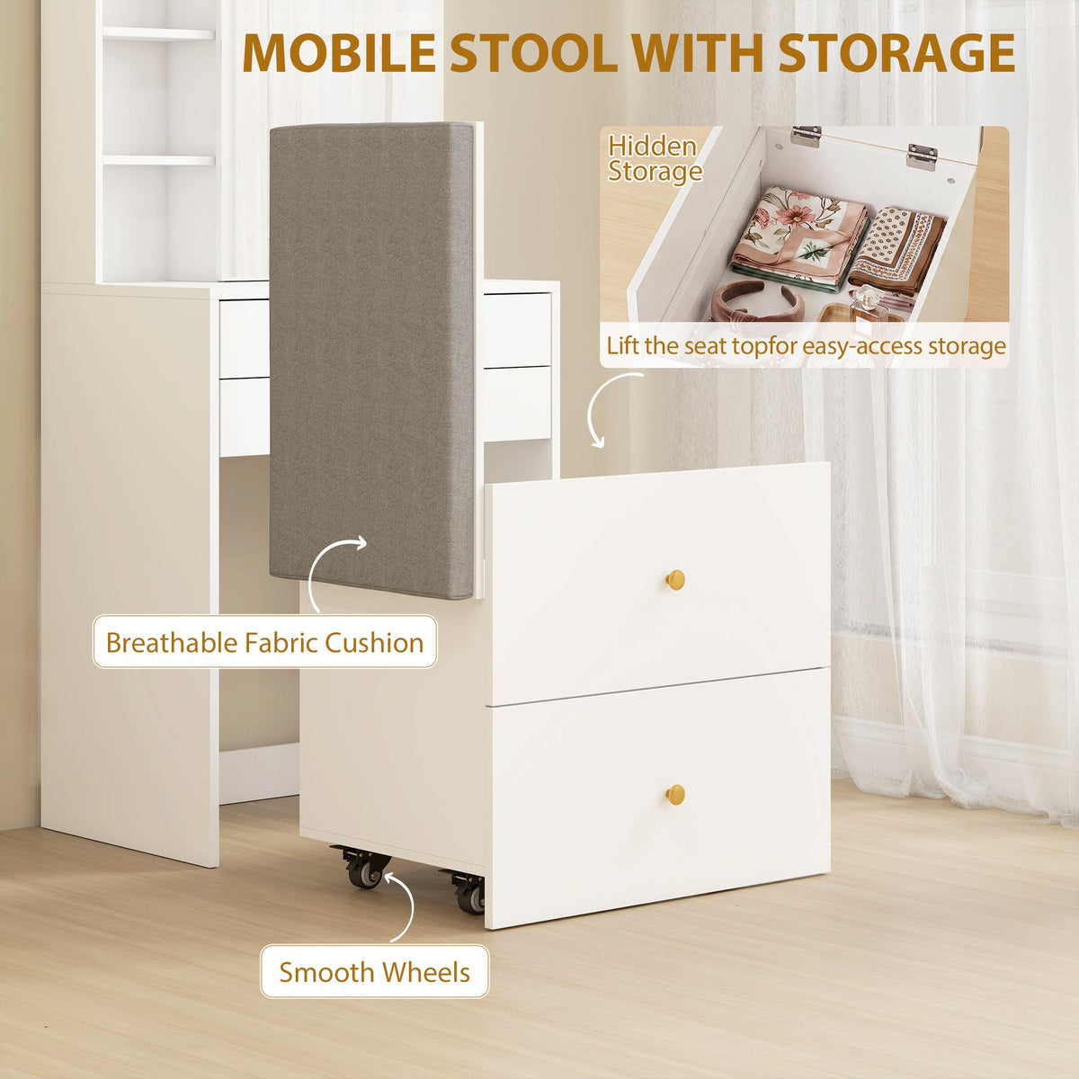 The mobile storage stool with a grey cushion, wheels and a lift-up seat for storage