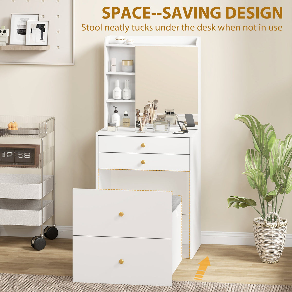 The dressing table with the storage stool tucked underneath to save space in the room