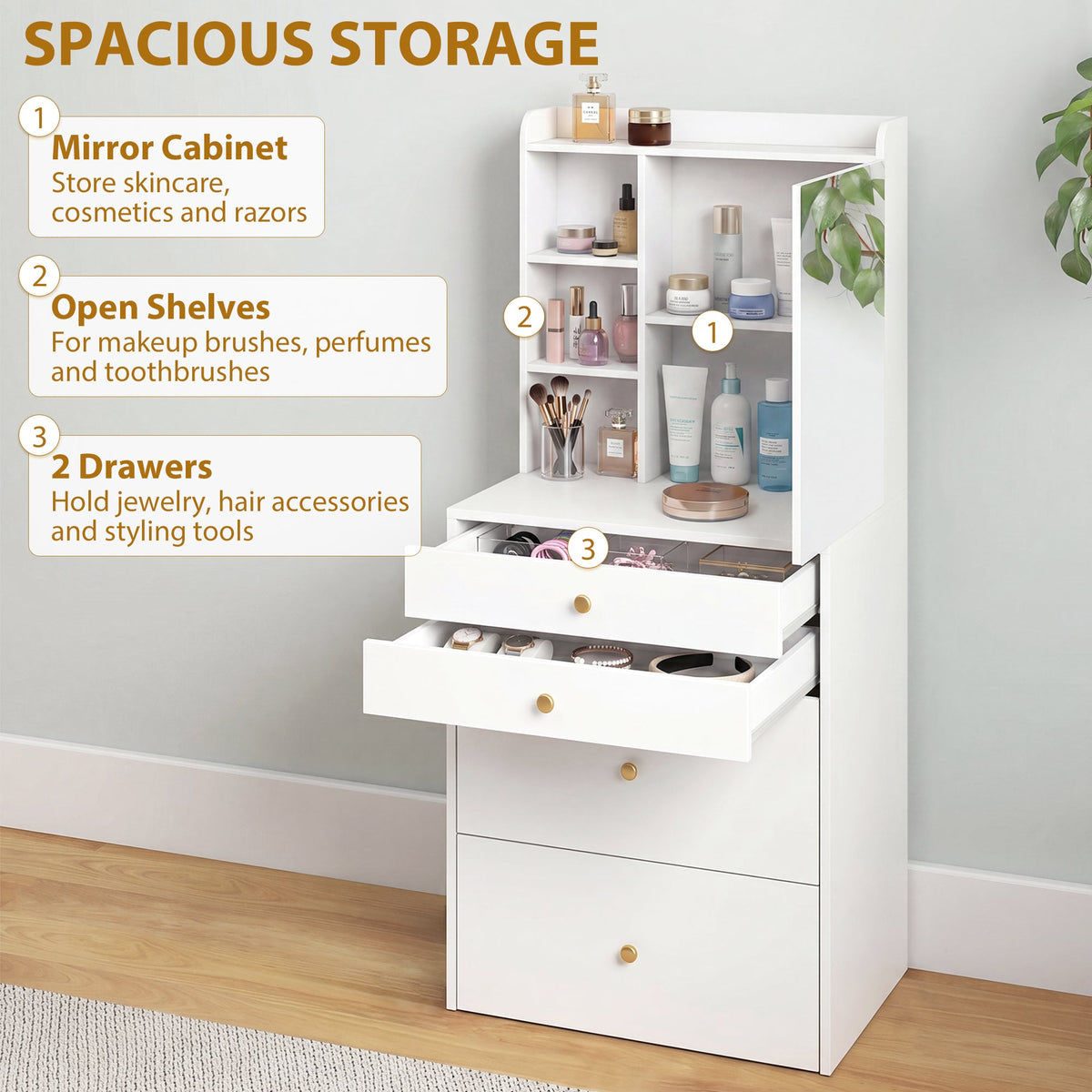 The dressing table showing the mirror cabinet, open shelves and two open drawers
