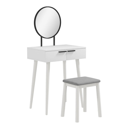 HOMCOM Dressing Table with Mirror and Stool, a white vanity desk with a round mirror and two drawers, with a matching stool