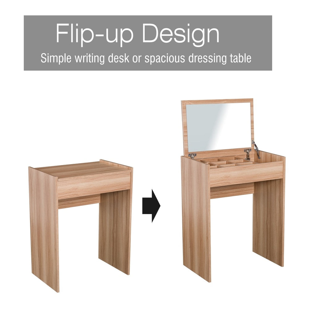 The dressing table shown with the lid closed as a desk and open as a vanity with a mirror