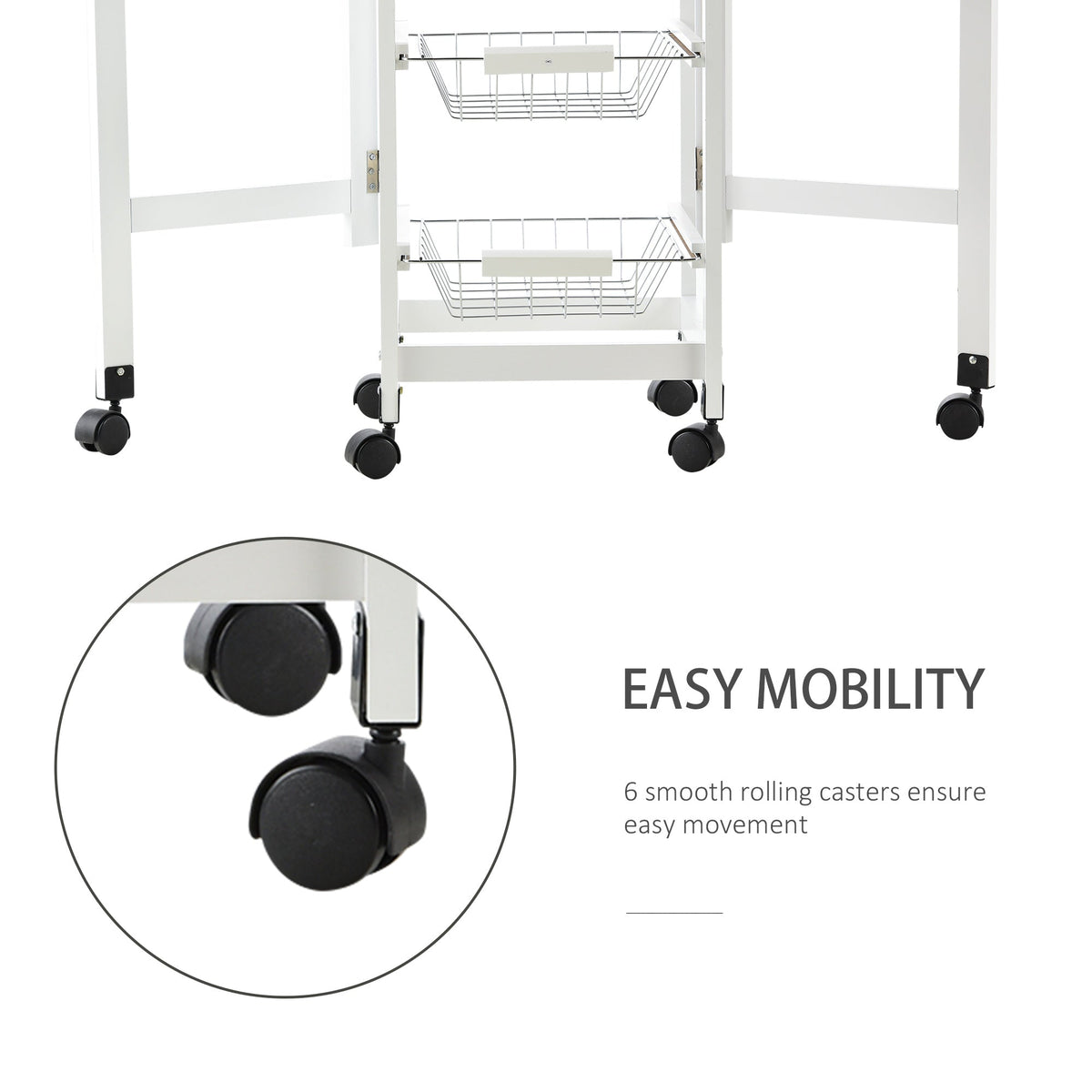 Rolling storage unit with a close-up of its six smooth casters for easy movement