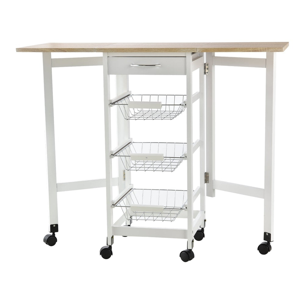 HOMCOM Drop-Leaf Kitchen Cart Trolley with a drawer and three wire baskets, shown with drop leaves extended