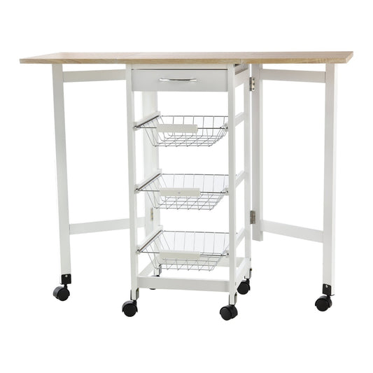 HOMCOM Drop-Leaf Kitchen Cart Trolley with a drawer and three wire baskets, shown with drop leaves extended