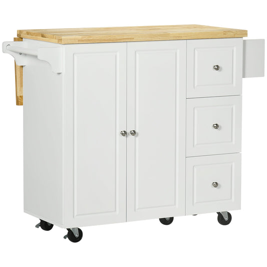 HOMCOM Drop-Leaf Kitchen Island on Wheels with a wooden top and white storage cabinet