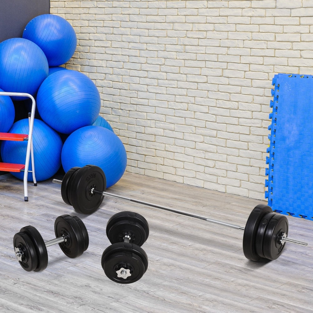 Adjustable weights and barbell set in a home gym setting with exercise balls