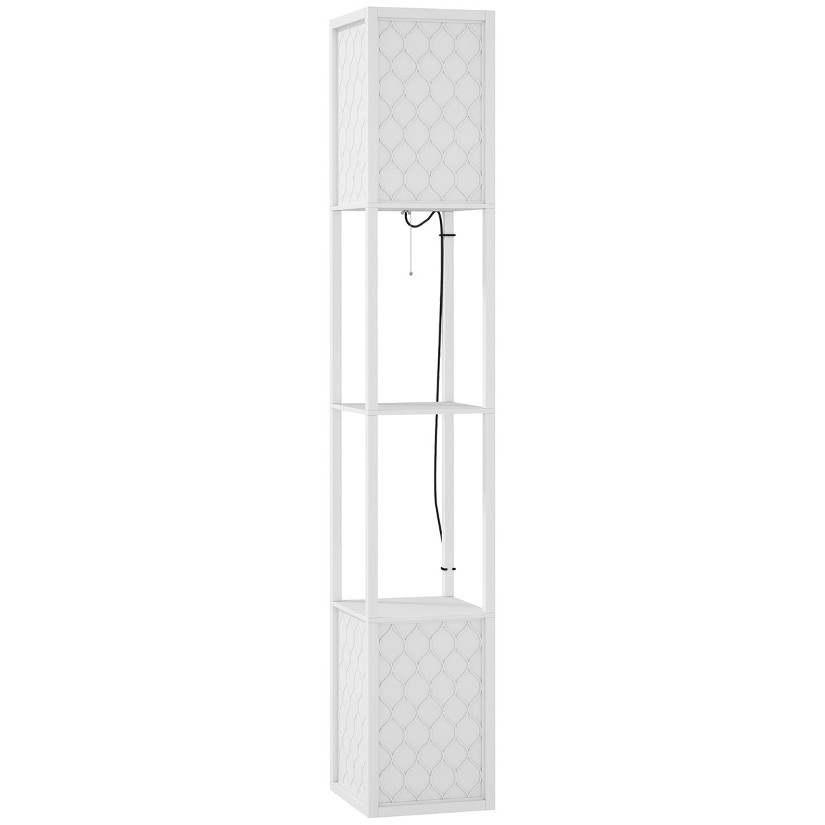 HOMCOM Duo Light Floor Shelves in white, a tall rectangular lamp with two shelves and a patterned shade