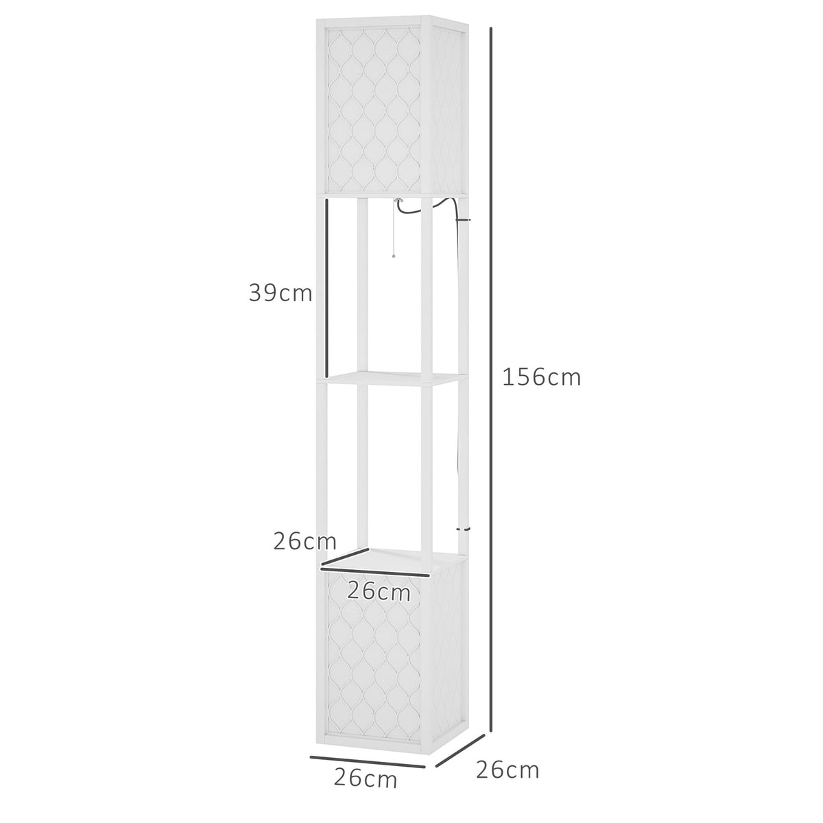 A white floor lamp with shelves showing its dimensions, including height and shelf depth
