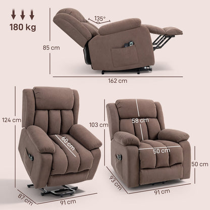 The electric lift armchair shown from three angles with dimensions for height, width and depth