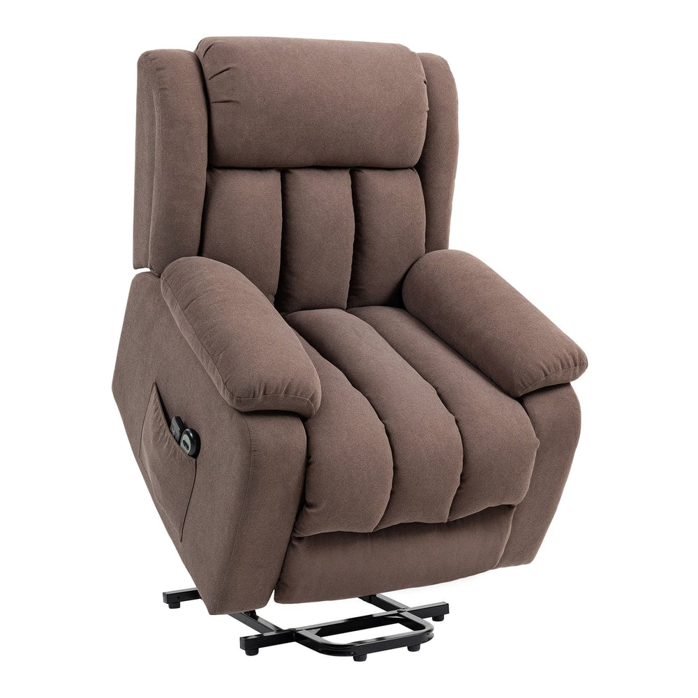 The dark brown electric lift chair shown from a front angle on a white background