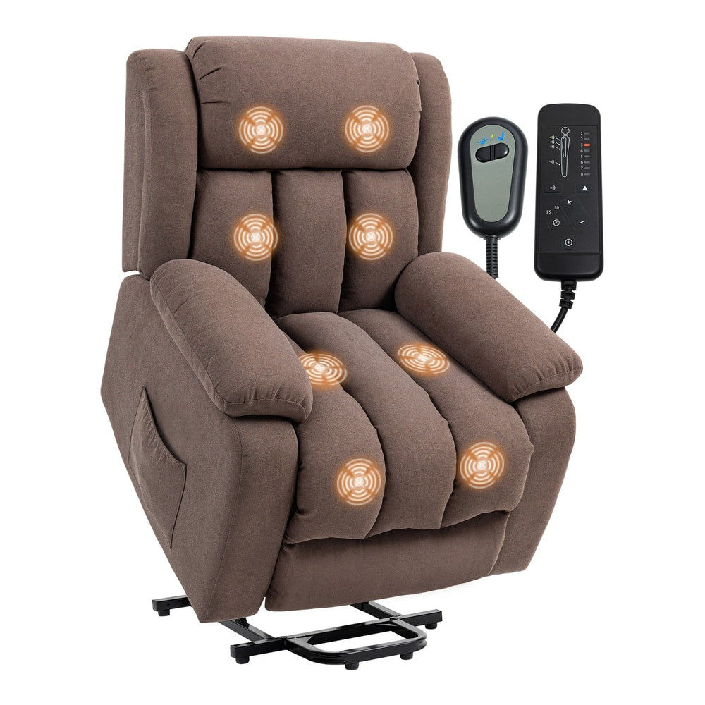 The massage chair showing eight glowing massage points and the handheld remote control