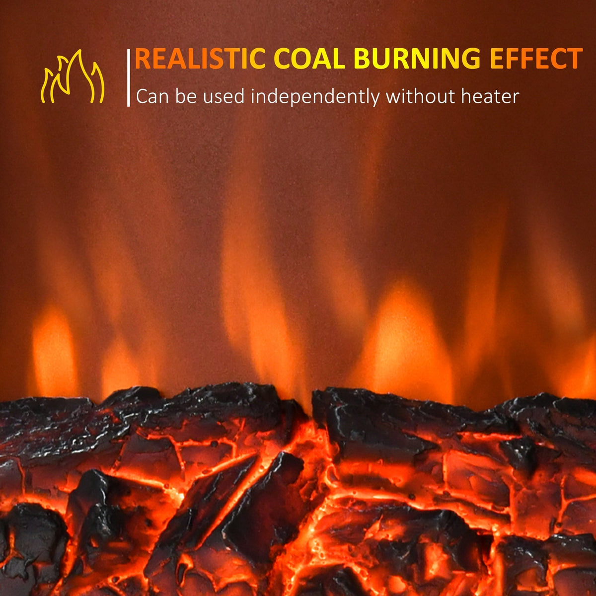 Close up of the realistic coal burning effect on the electric fireplace