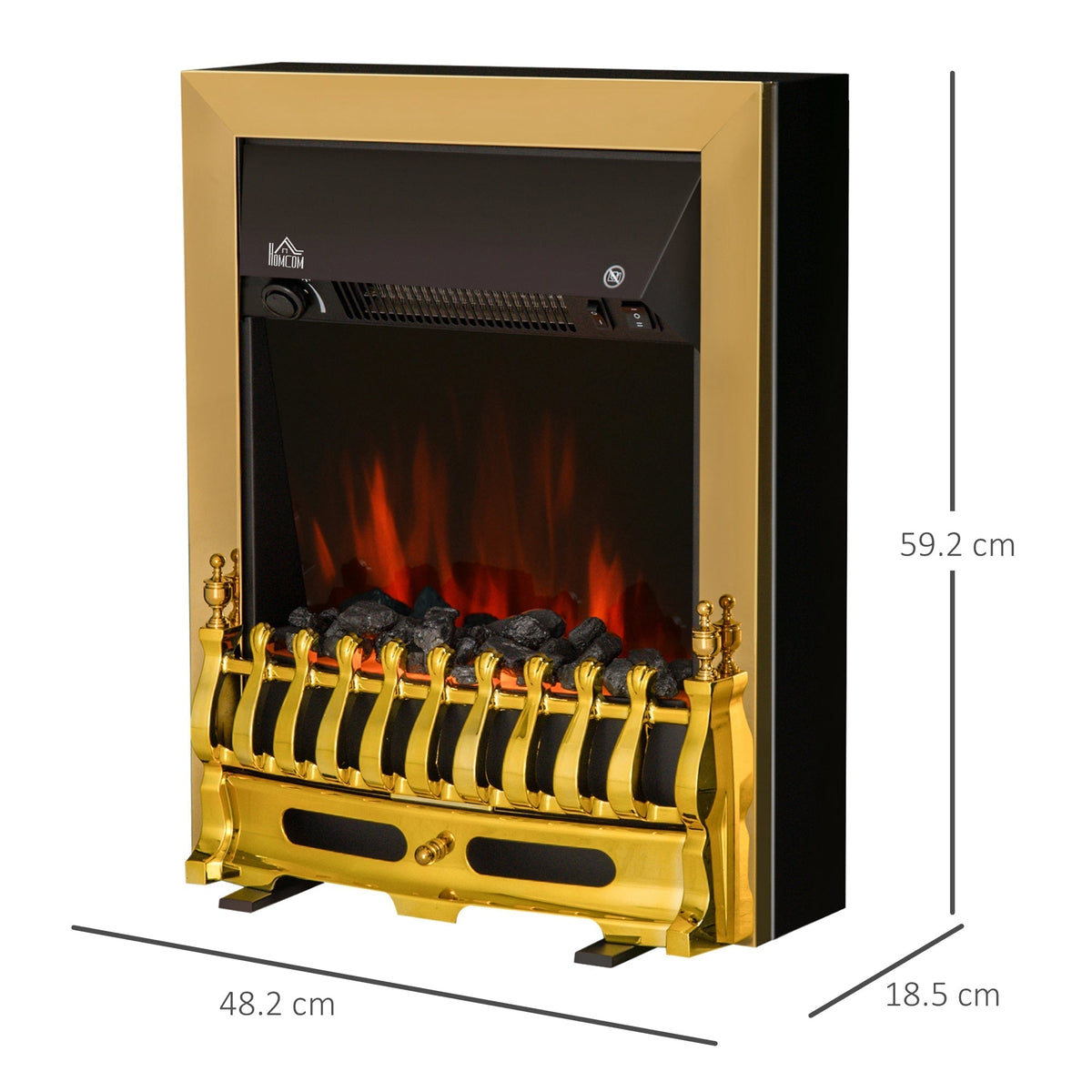 Dimensions of the electric fireplace are shown with height, width and depth measurements