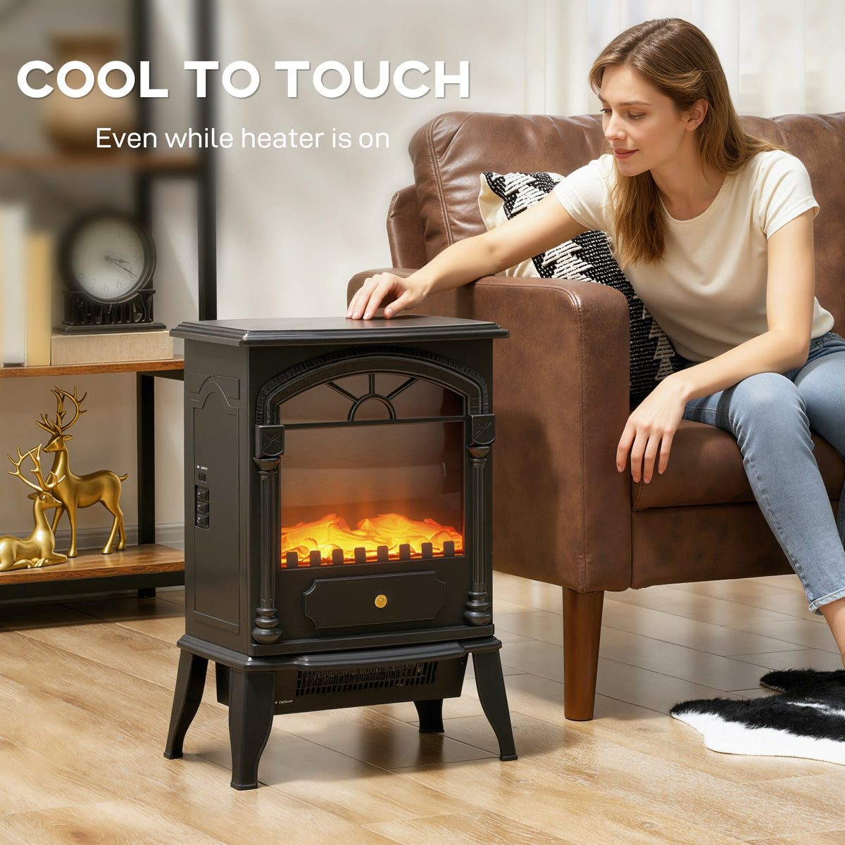 A woman touches the side of the electric stove heater, showing it is cool to touch