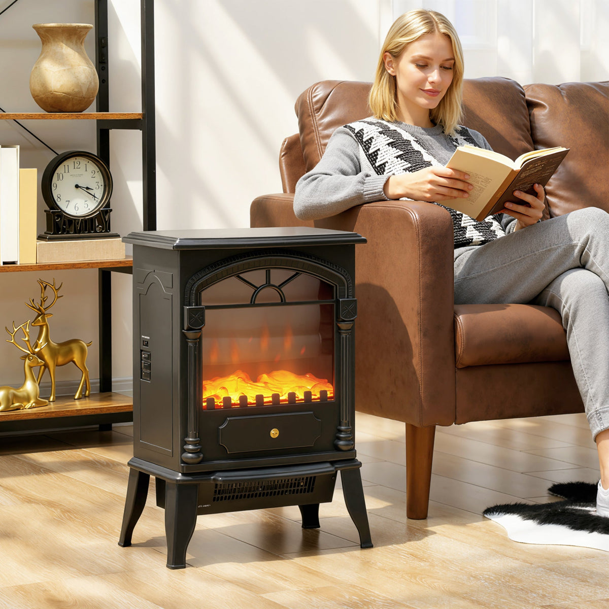 The portable electric stove heater is shown in a cosy living room with a woman reading a book