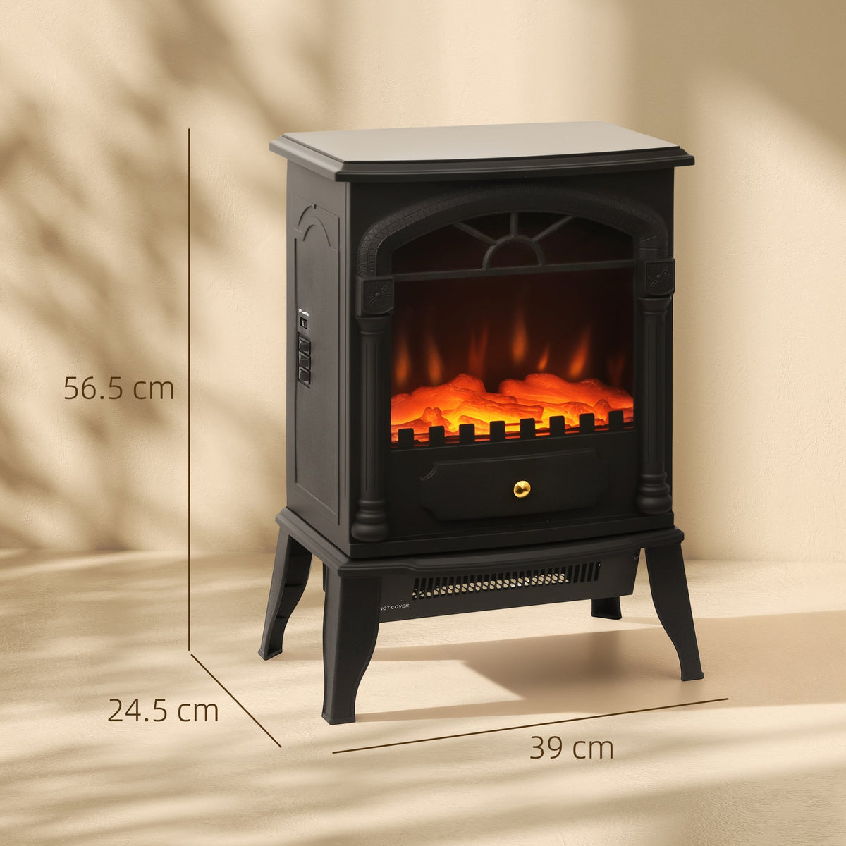 Dimensions of the black electric stove heater, showing height and width