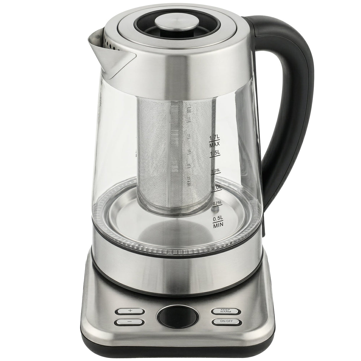 HOMCOM Electric Kettle with a glass body, metal infuser and a base with digital control buttons