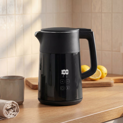 The water kettle placed on a wooden kitchen counter next to a mug and fresh lemons
