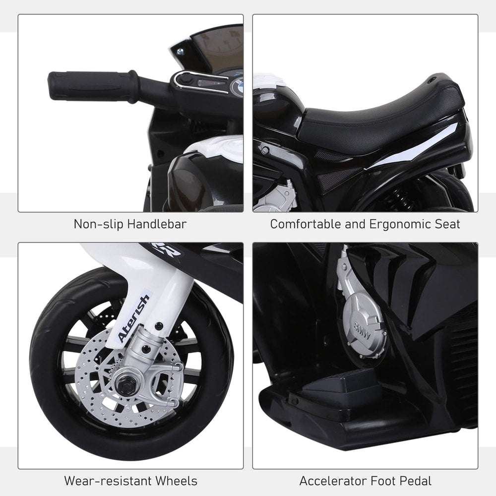 Four close-up panels showing the handlebar, seat, wheels and foot pedal of the ride-on car