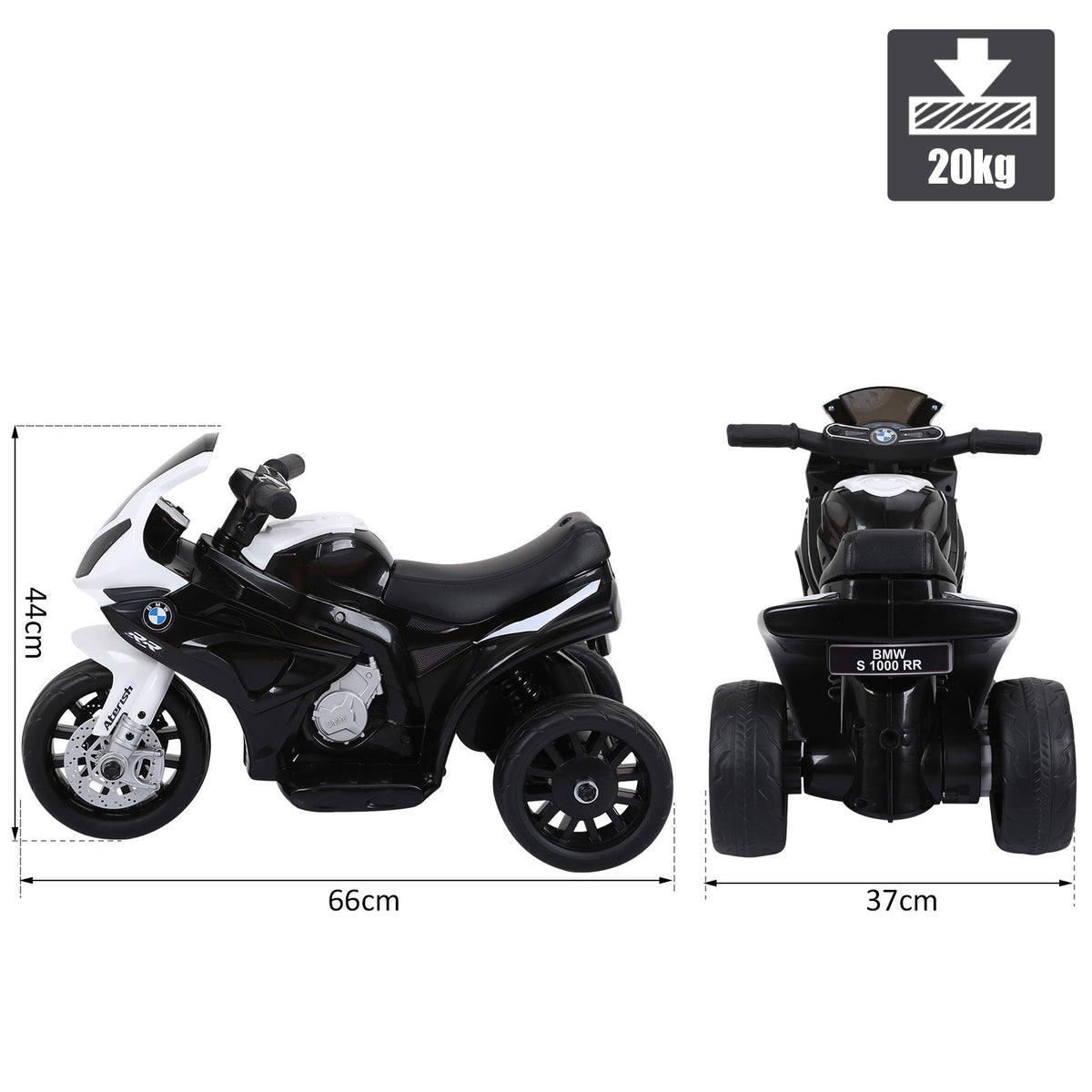 The ride-on car shown from the side and back with dimension lines and labels
