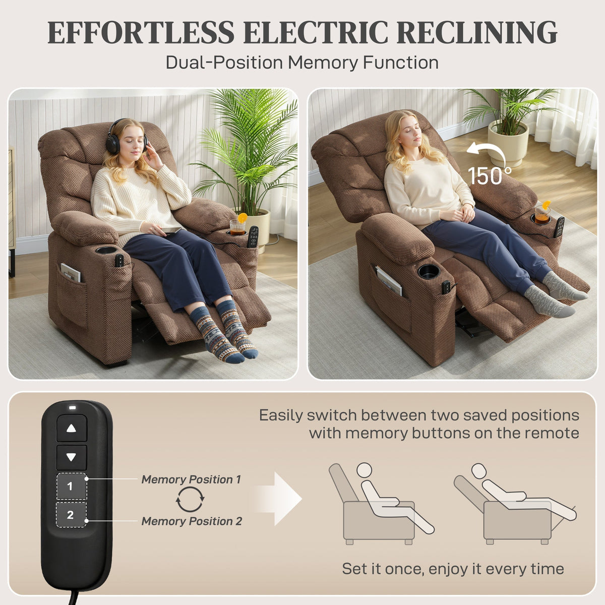 The massage chair showing the electric reclining function and memory remote