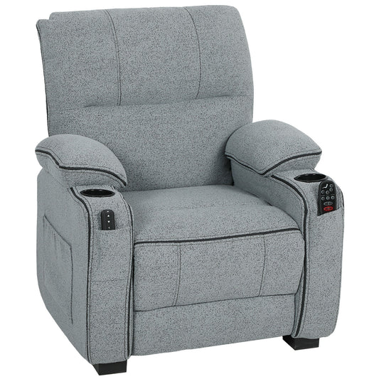HOMCOM Electric Massage Recliner Armchair with Vibration, a grey fabric chair with cup holders and side pockets