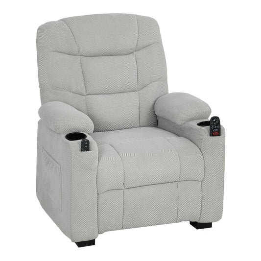 HOMCOM Electric Massage Recliner Armchair with Vibration in grey fleece fabric, shown from the front with cup holders