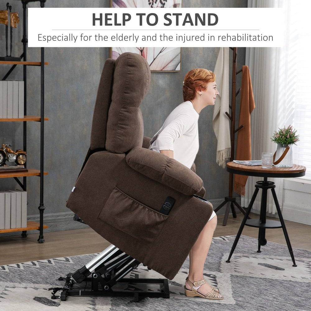 The power lift recliner chair in a raised position helping a woman stand up in a living room