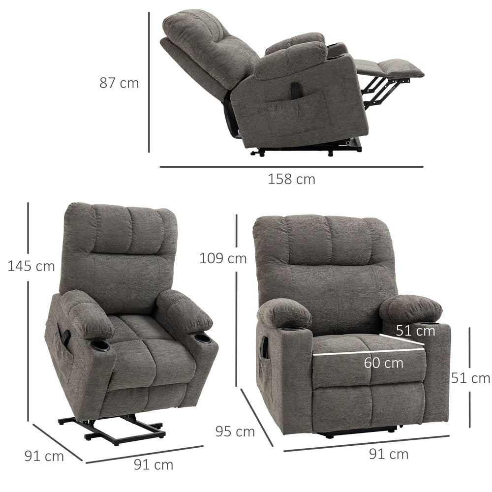 Dimensions diagram for the grey fabric electric riser recliner chair