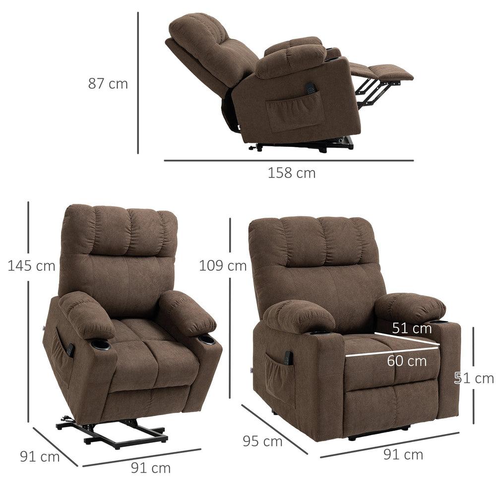 The electric riser chair shown with dimensions for height, width and depth in multiple configurations