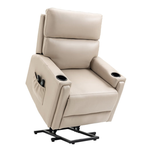 HOMCOM Electric Riser and Recliner Chair in beige faux leather with cup holders and side pocket