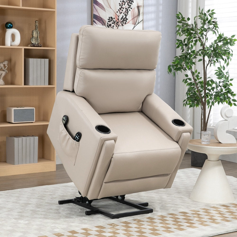 Beige electric riser and recliner chair positioned in a living room setting