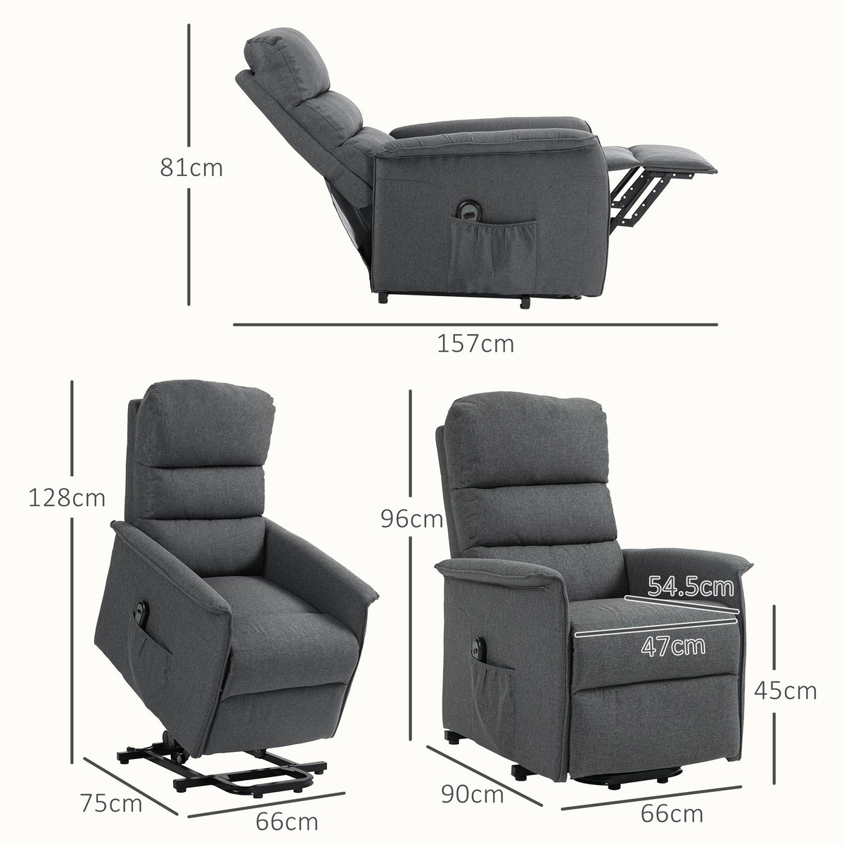 Dimensions diagram for the dark grey armchair in various positions