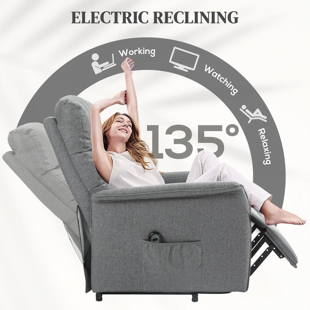 the electric riser armchair reclined with a woman relaxing and icons showing different uses