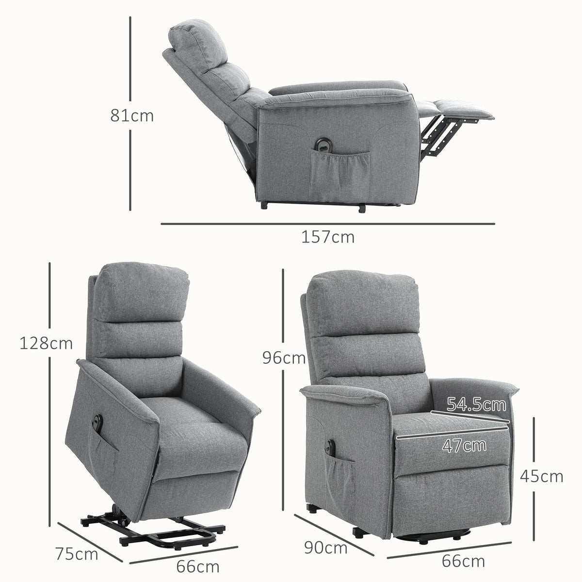 Dimensions diagram for the grey electric riser armchair, showing height and width measurements