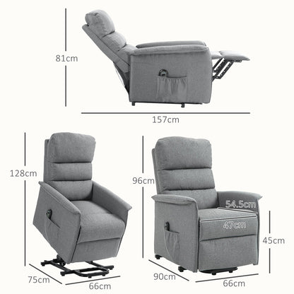 Dimensions diagram for the grey electric riser armchair, showing height and width measurements
