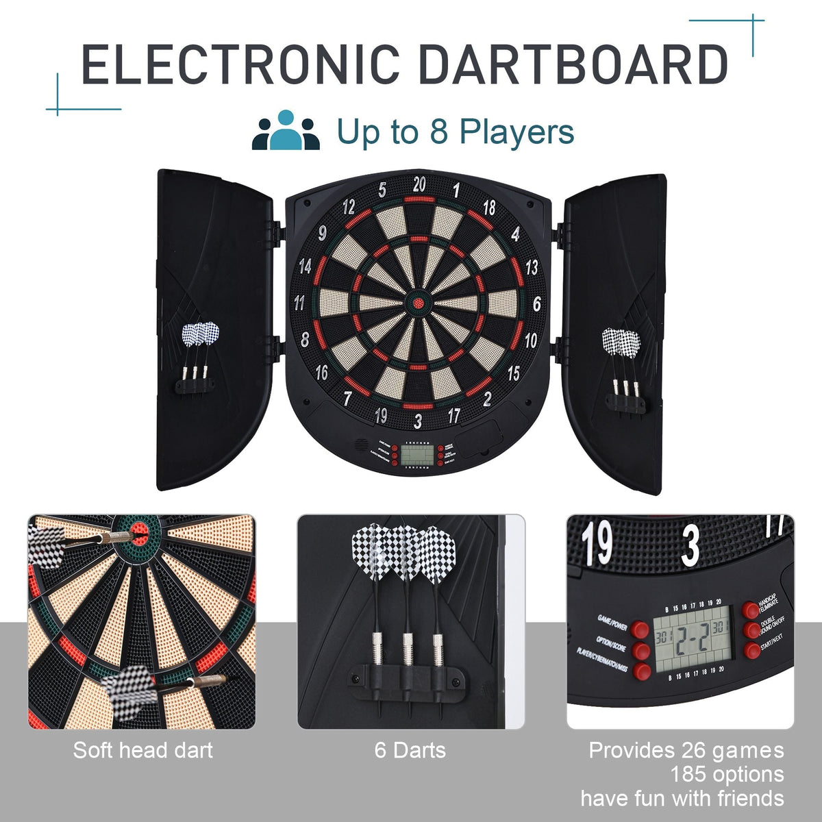 the electronic dartboard showing close-ups of the soft tip darts and digital display