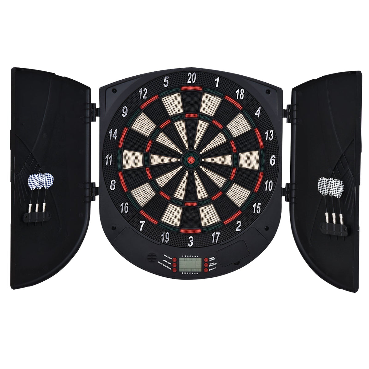 HOMCOM Electronic Dartboard Set 26 Games and 185 Variations with open cabinet doors and stored darts