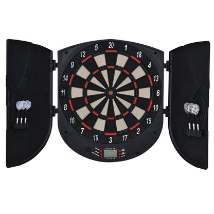 HOMCOM Electronic Dartboard Set 26 Games and 185 Variations with open cabinet doors and stored darts