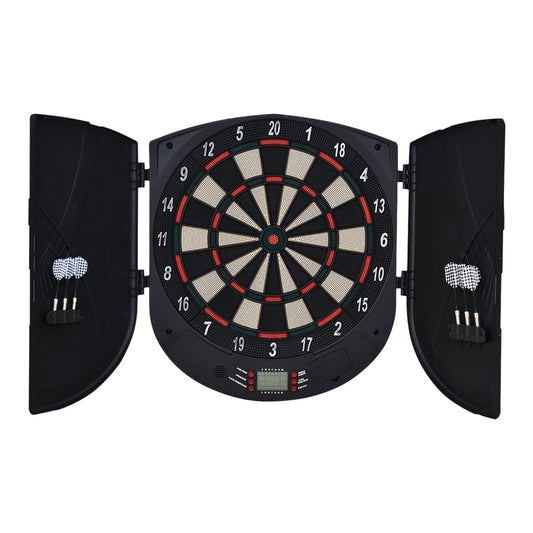 HOMCOM Electronic Dartboard Set 26 Games and 185 Variations with open cabinet doors and stored darts