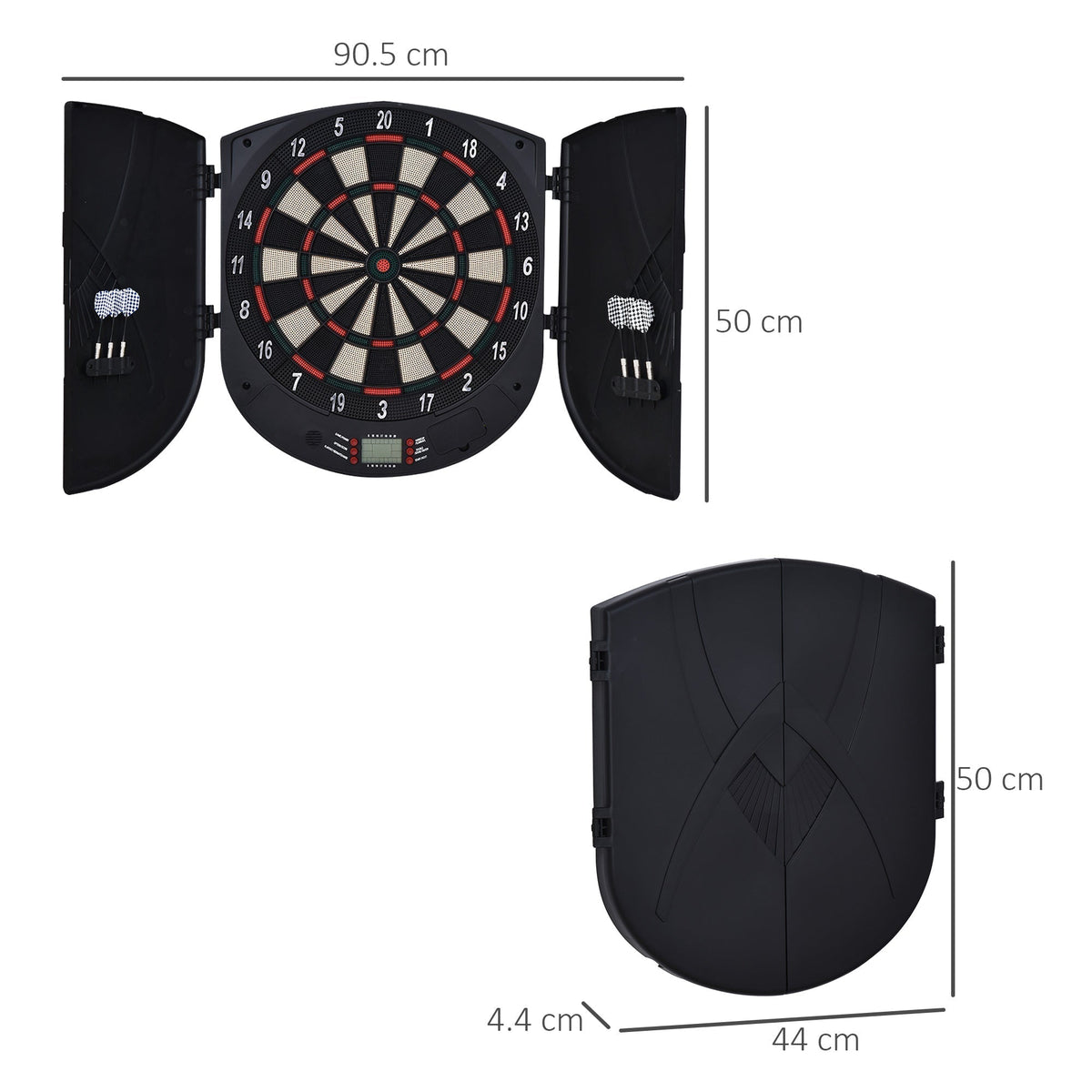 the game room set showing the open dartboard and closed cabinet with dimensions