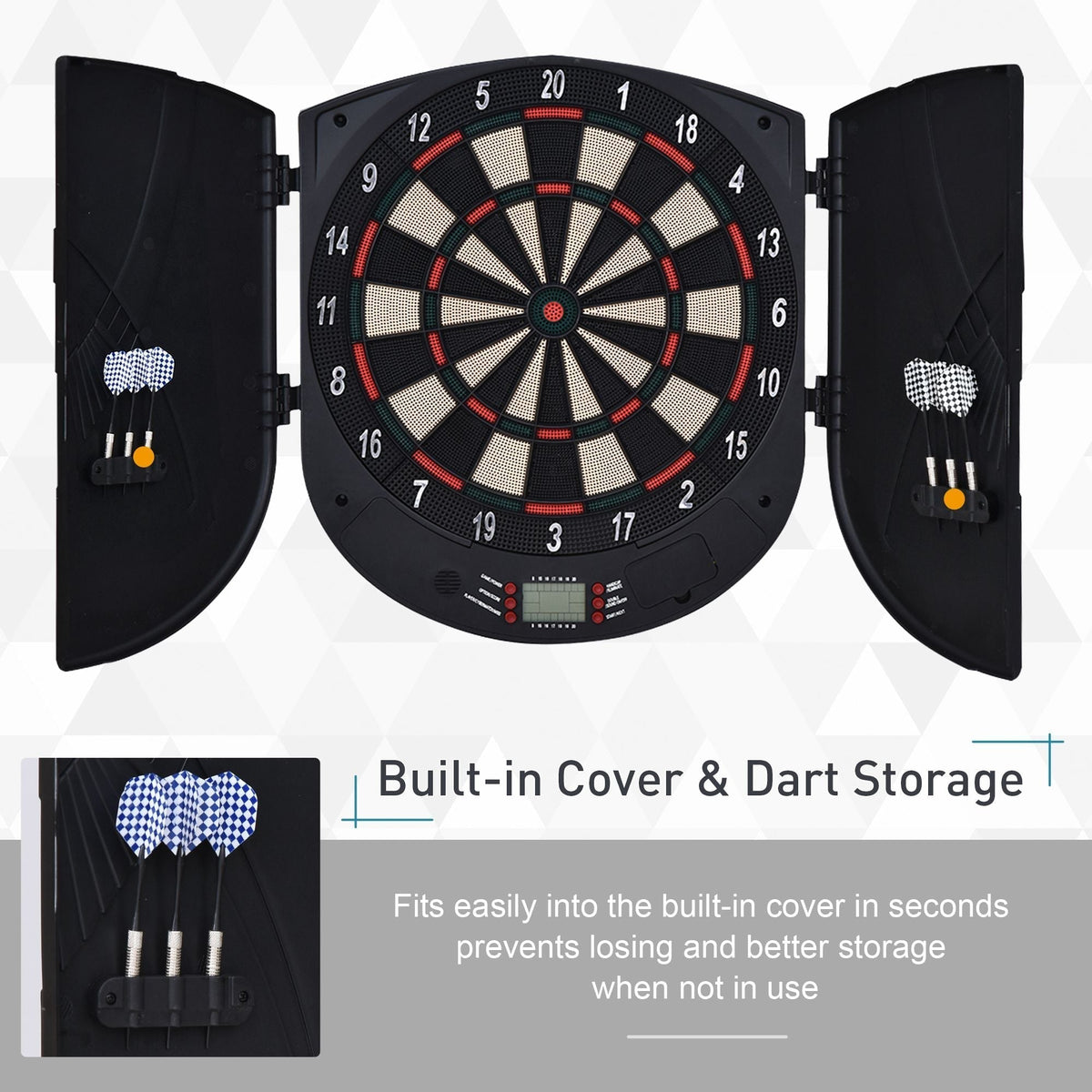 the electronic dartboard highlighting the storage cabinet doors for the darts