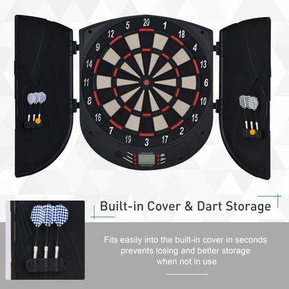 the electronic dartboard highlighting the storage cabinet doors for the darts