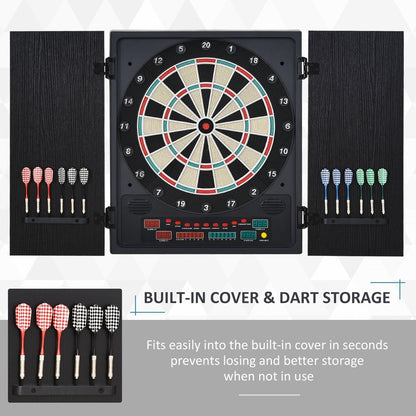 The electronic dartboard with cabinet doors closed for storage and protection
