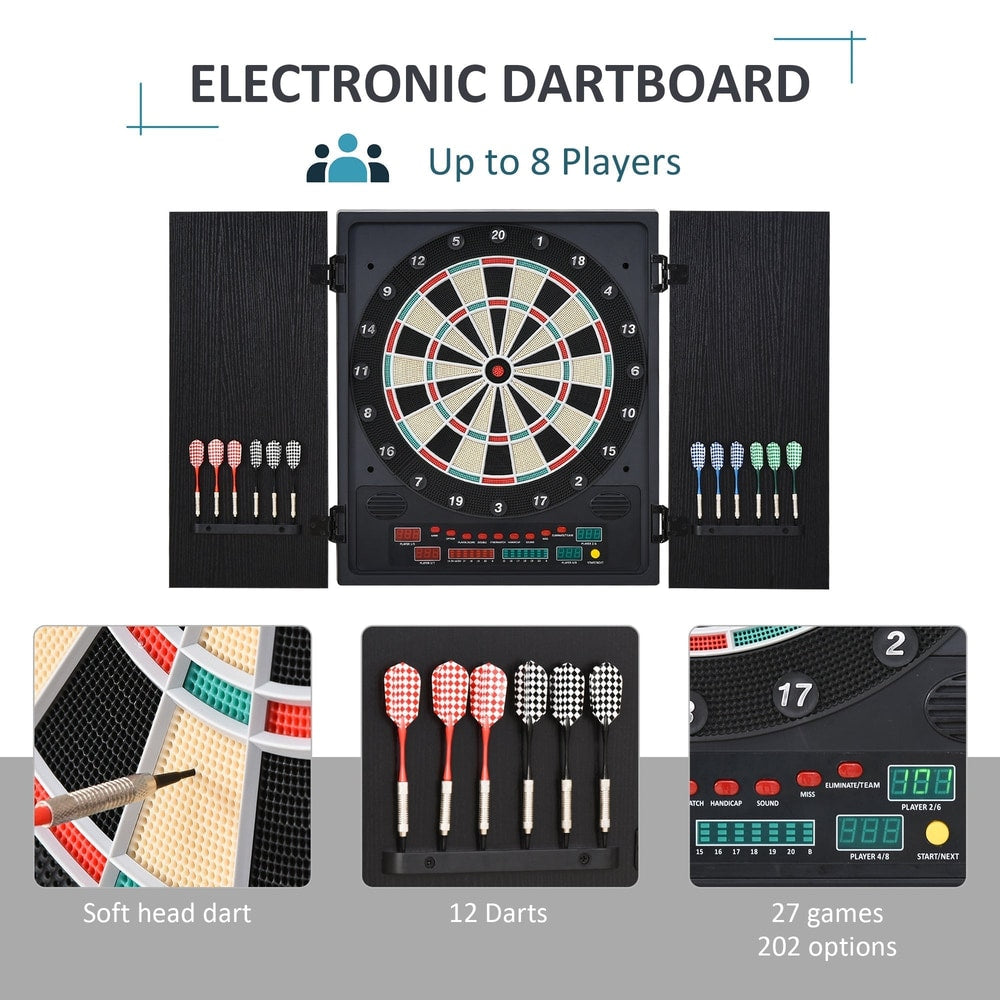 Close up of the electronic dartboard showing soft tip darts, 27 games and 202 variations
